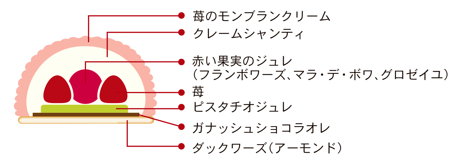 苺のモンブランヌーヴォー 2026の断面図。苺のモンブランクリーム、クレームシャンティ、赤い果実のジュレ(フランボワーズ、マラ・デ・ボワ、グロゼイユ)、苺、ピスタチオジュレ、ガナッシュショコラオレ、ダックワーズ(アーモンド)
