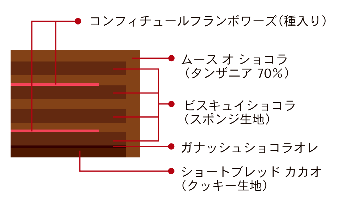 カカオファンタジー 2026 ~タンザニア70%~の断面図。コンフィチュールフランボワーズ(種入り)、ムースオショコラ(タンザニア70%)、ビスキュイショコラ(スポンジ生地)、ガナッシュショコラオレ、ショートブレッドカカオ(クッキー生地)