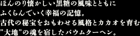 ほんのり懐かしい黒糖の風味とともにふくらんでいく幸福の記憶。古代の秘宝をおもわせる風格とカカオを育む大地の魂を宿したバウムクーヘン