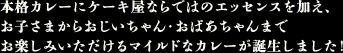 本格カレーにケーキ屋ならではのエッセンスを加え、お子さまからおじいちゃん・おばあちゃんまでお楽しみいただけるマイルドなカレーが誕生しました！