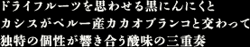 ドライフルーツを思わせる黒にんにくとカシスがペルー産カカオブランコと交わって独特の個性が響き合う酸味の三重奏